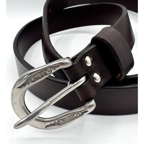 Al Stohlman Leather Belt Womens Size 34 Brown Floral Tooled Silver Buckle 1\